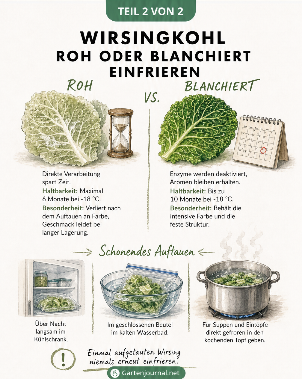 Gegenüberstellung von rohem und blanchiertem Wirsingkohl beim Einfrieren sowie Tipps zum schonenden Auftauen.