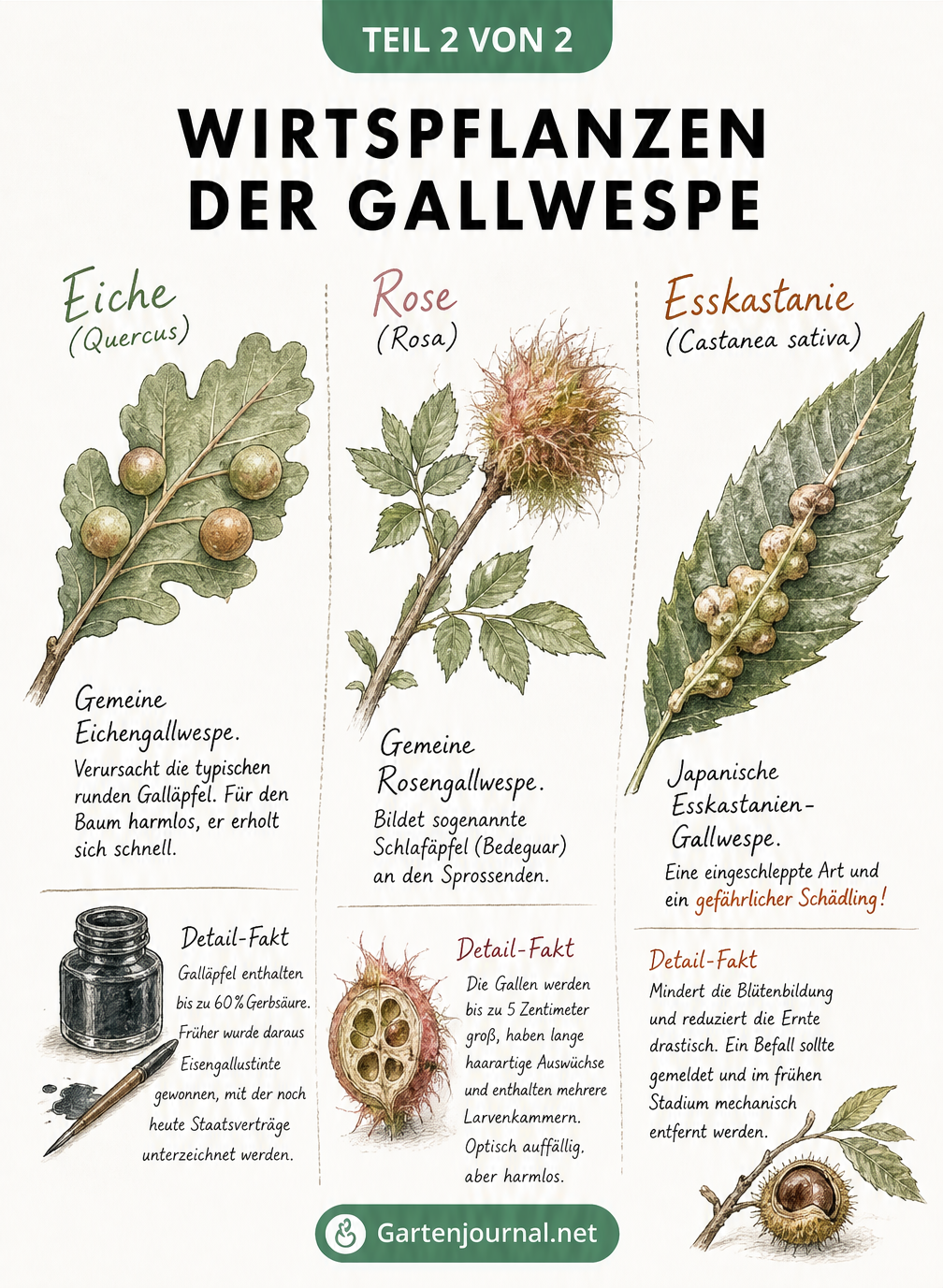 Zeichnung von Eiche, Rose und Esskastanie mit typischen Gallen der Gallwespe