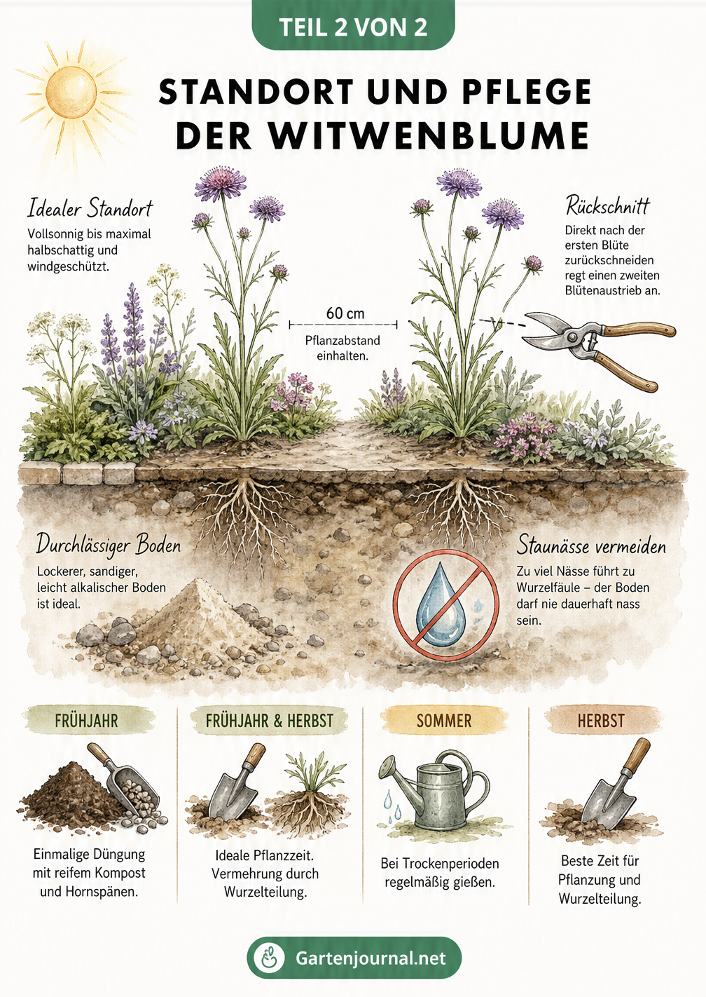 Querschnitt durch ein Gartenbeet mit Witwenblumen, Sonne, Bodenstruktur und Pflegehinweisen