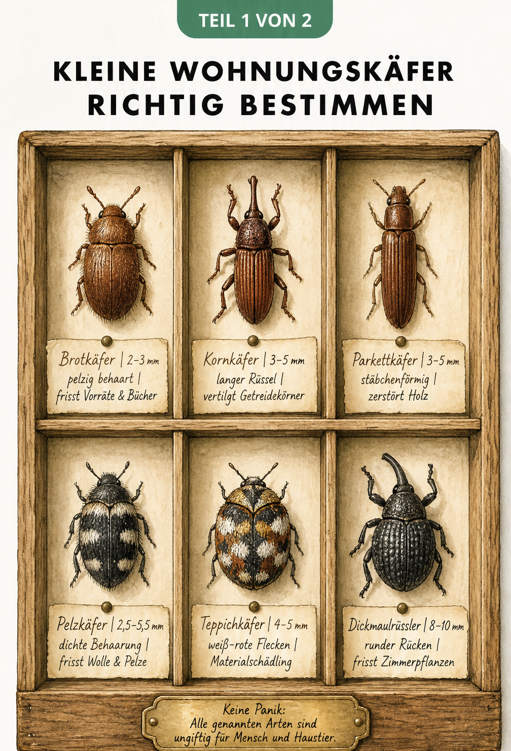 Illustration eines hölzernen Insekten-Schaukastens mit sechs Wohnungskäfern, unterteilt in braune und schwarze Arten, mit handschriftlichen Etiketten zu Größe...