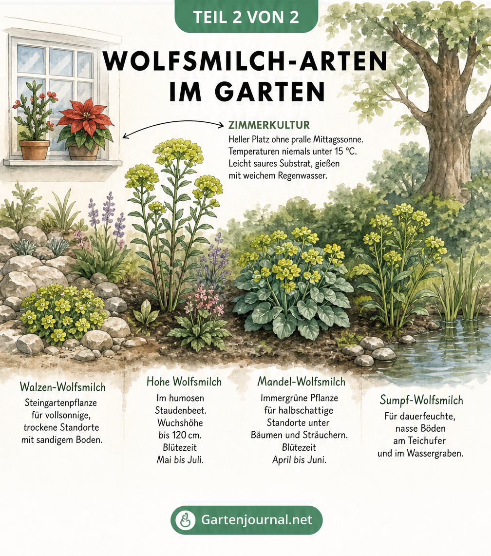 Aquarellierte Übersicht verschiedener Wolfsmilch-Arten im Garten und als Zimmerpflanze