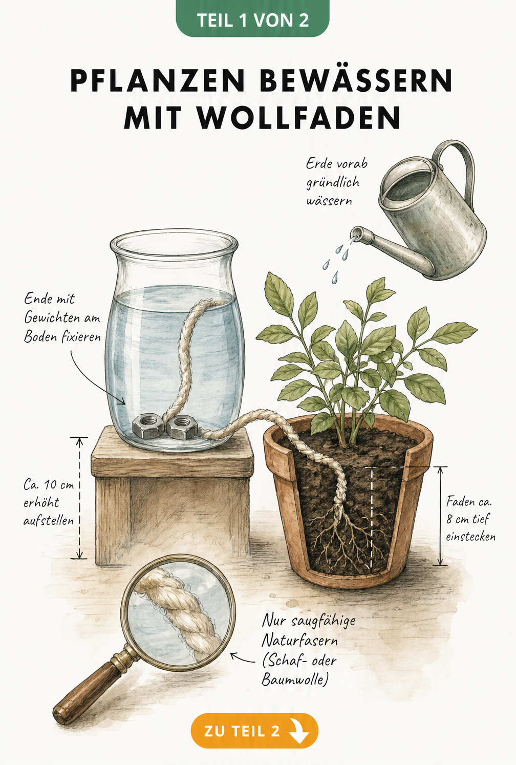 Botanische Illustration: Aufbau einer Pflanzenbewässerung mit Wollfaden, Wassergefäß und Blumentopf