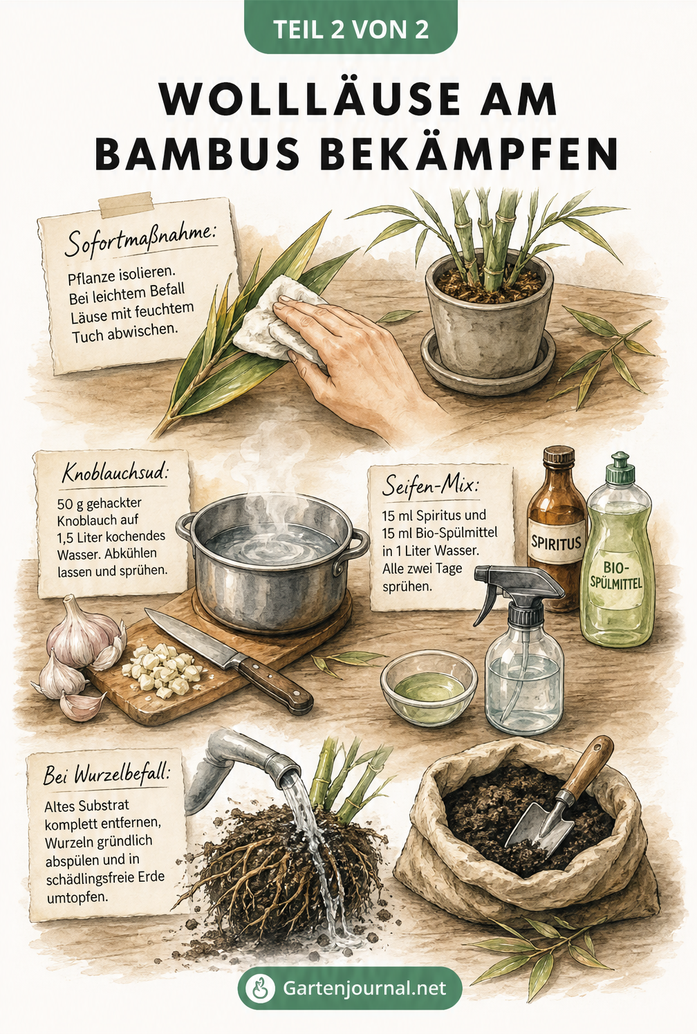 Illustration einer Arbeitsfläche mit Utensilien zur Schädlingsbekämpfung: feuchtes Tuch, Knoblauchsud, Seifen-Mix und Wurzelbehandlung beim Umtopfen