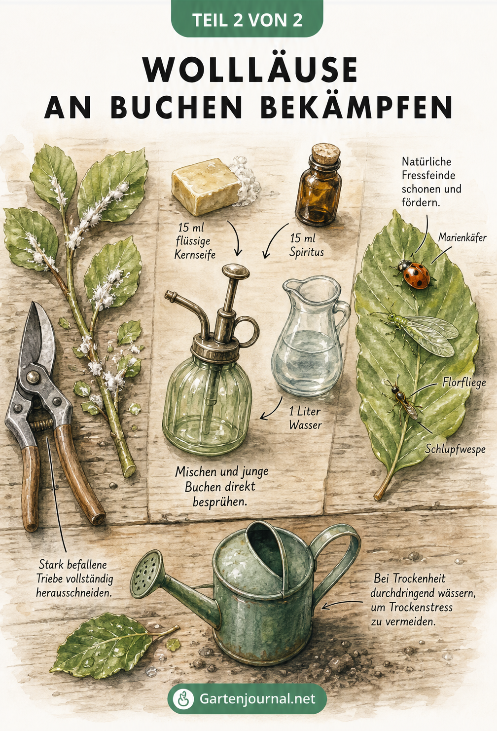 Illustration einer Gartenwerkbank mit Hausmitteln und Nützlingen zur Bekämpfung von Wollläusen