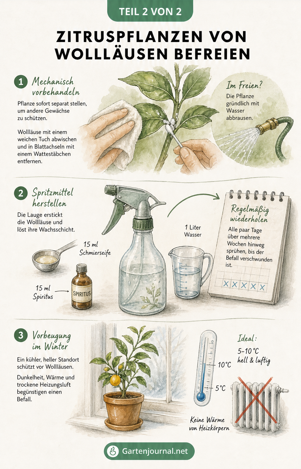 Illustration zur Bekämpfung von Wollläusen an Zitruspflanzen: Mechanisches Entfernen, Rezept für ein Spritzmittel aus Schmierseife und Spiritus sowie Tipps zur...