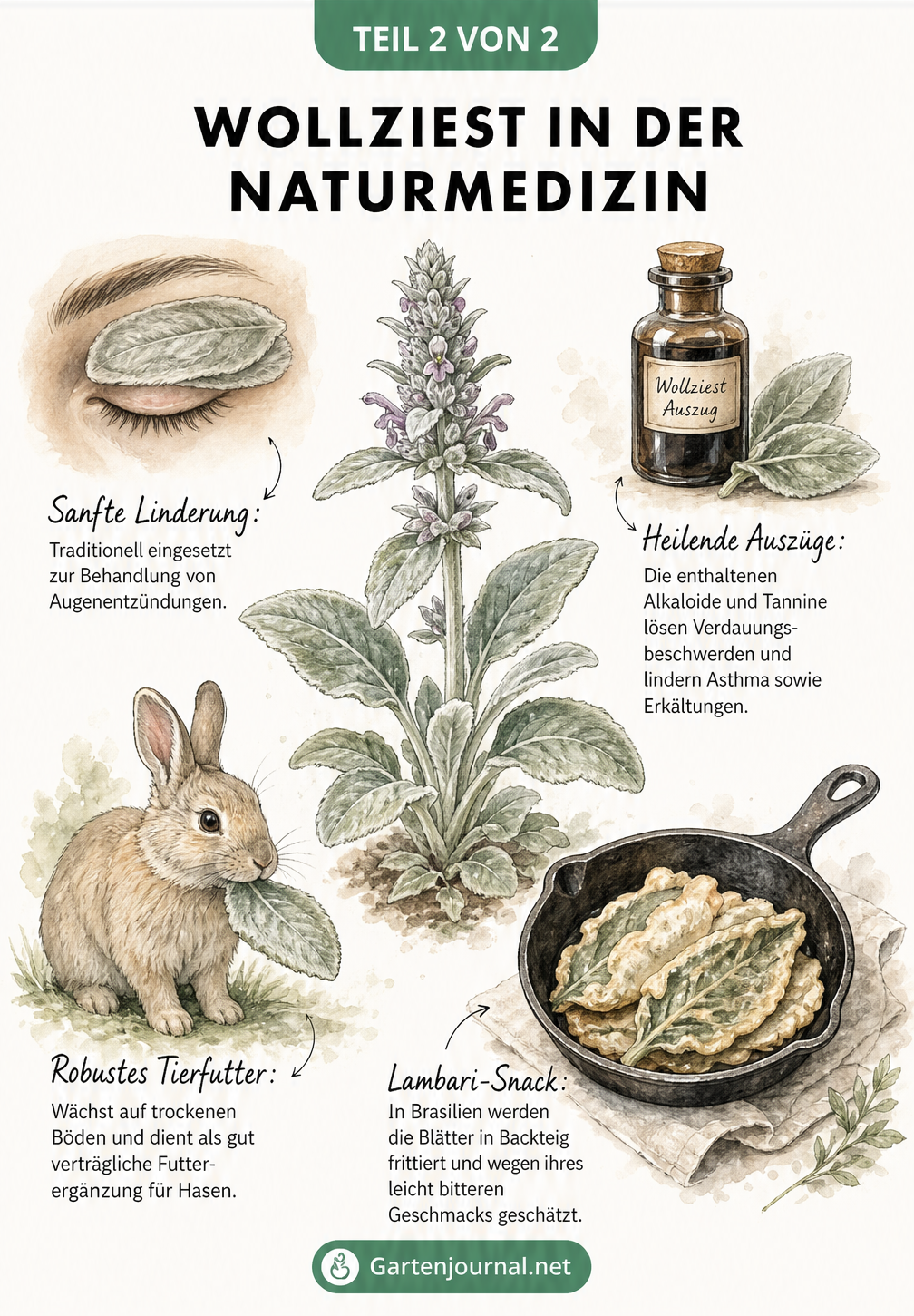 Botanische Illustration der Wollziest-Pflanze mit vier kleinen Szenen zur Nutzung als Heilmittel, Snack und Tierfutter