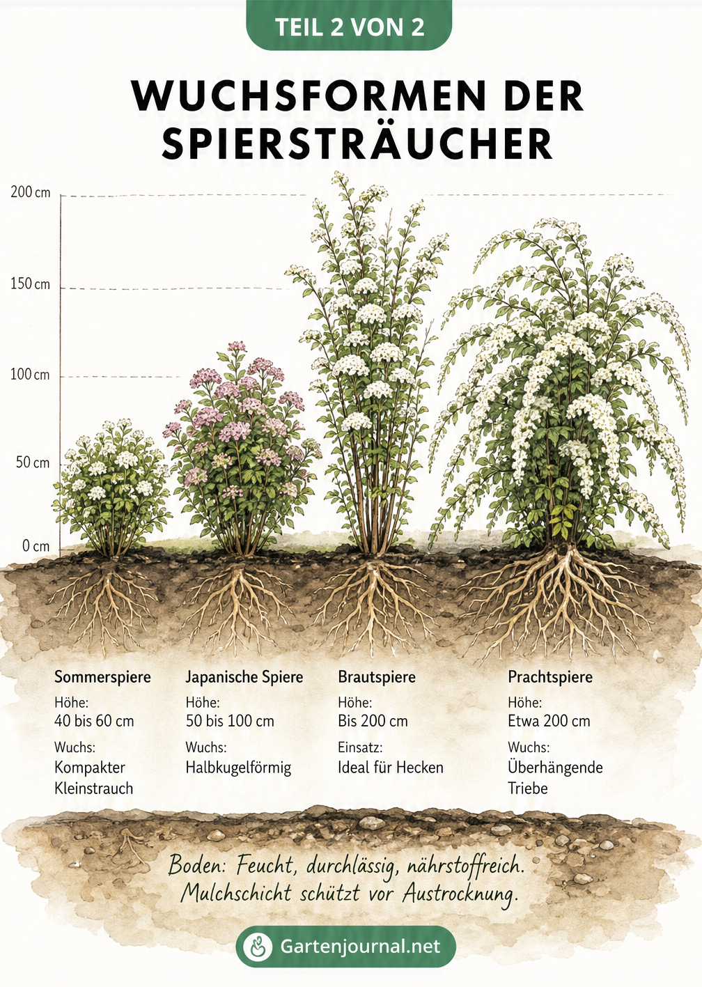 Übersicht der Wuchsformen von Spiersträuchern: Sommerspiere, Japanische Spiere, Brautspiere und Prachtspiere im Größenvergleich.