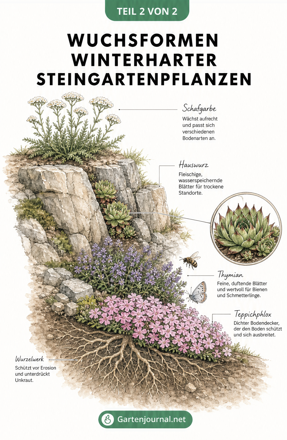Tuschezeichnung eines terrassierten Steingarten-Hangs, die Wuchsformen und Funktionen von Pflanzen wie Schafgarbe, Hauswurz und Teppichphlox zeigt