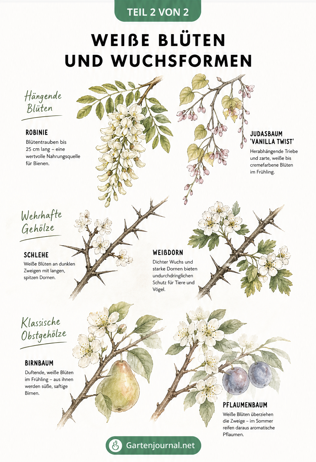 Botanische Lehrtafel mit Wuchsformen weißer Bäume: hängende Blüten, wehrhafte Gehölze und Obstbäume