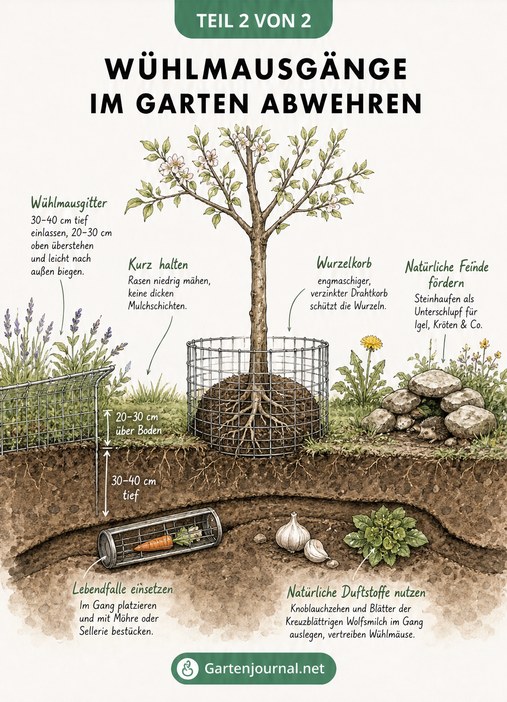 Gartenquerschnitt mit einem jungen Obstbaum, der durch einen Drahtkorb und ein Wühlmausgitter geschützt ist, sowie einer Lebendfalle im Wühlmausgang.
