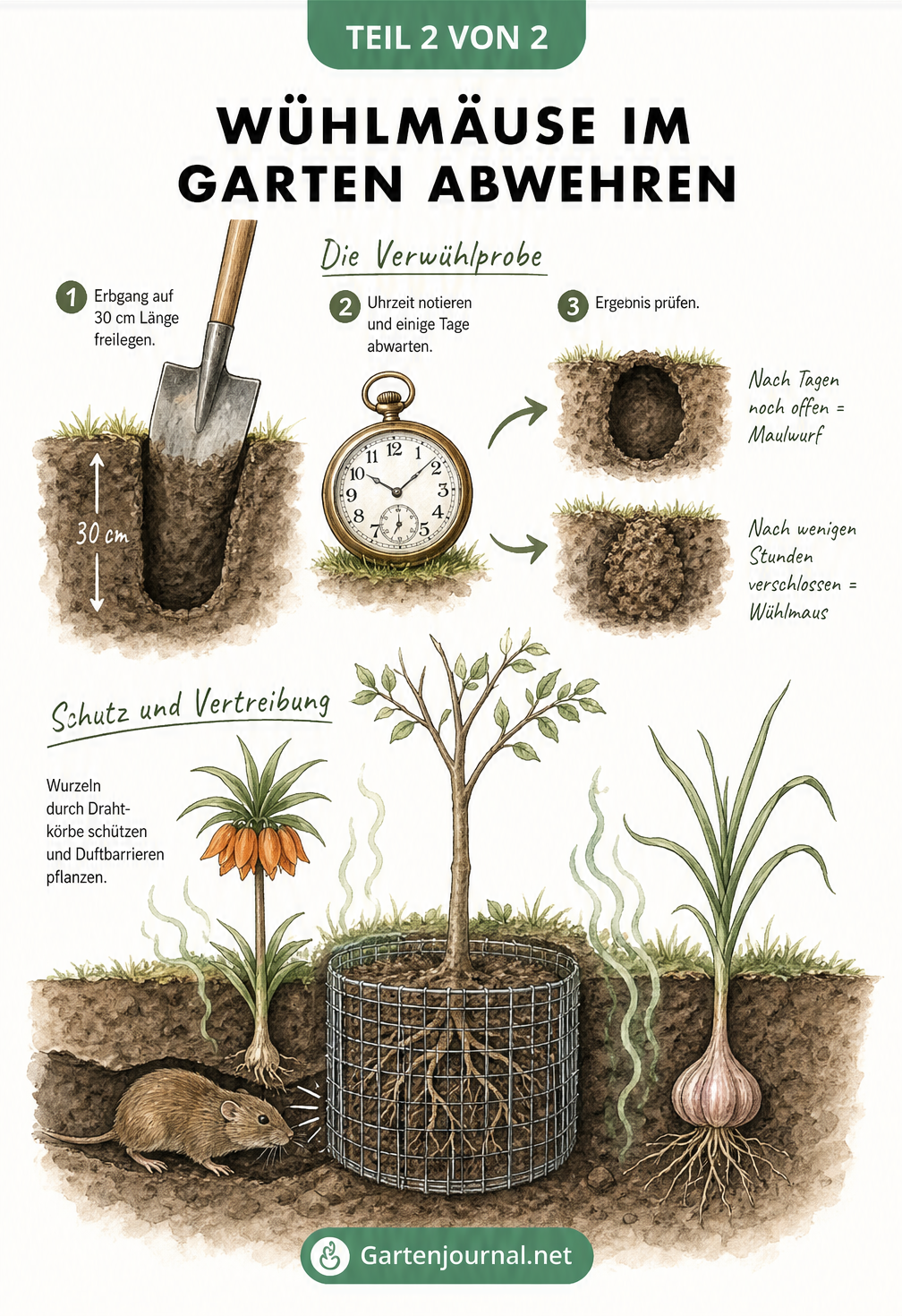 Illustration zur Verwühlprobe und Schutzmaßnahmen gegen Wühlmäuse im Gartenbeet