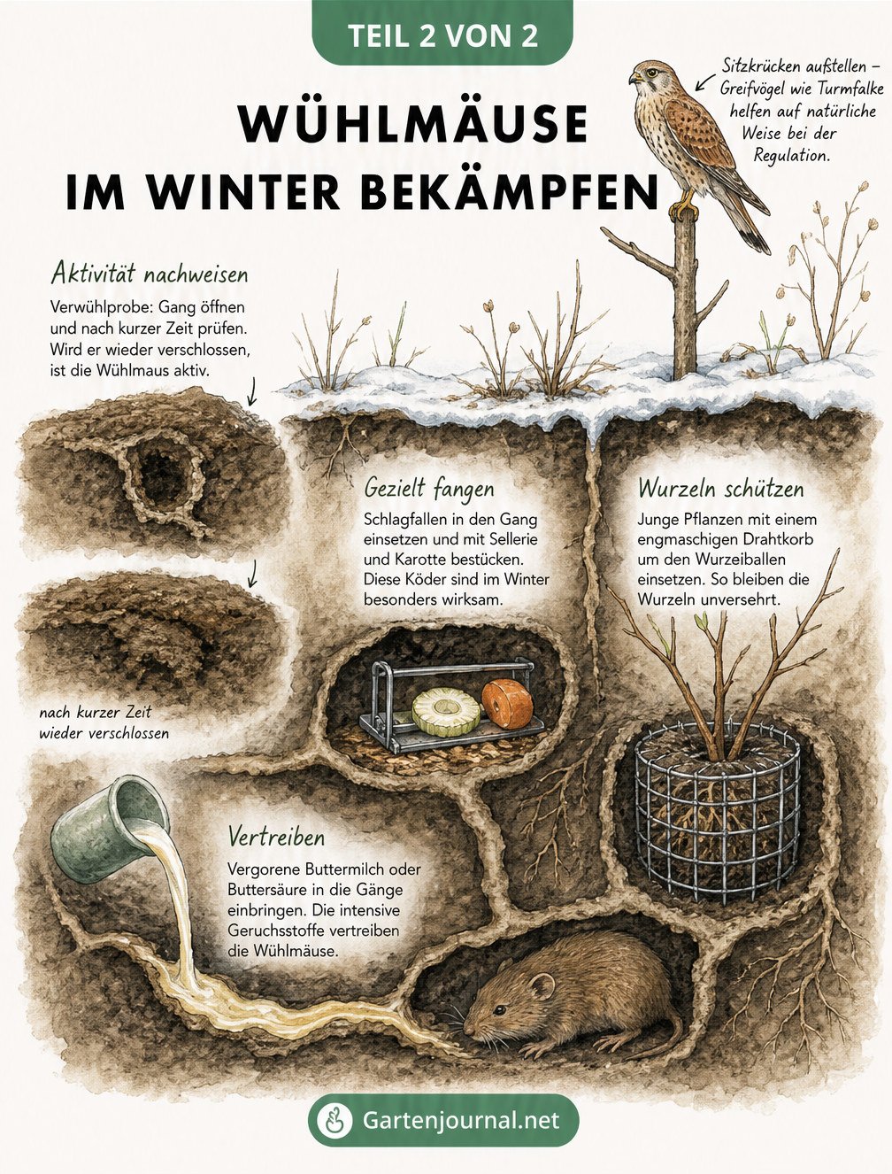 Illustration verschiedener Abwehrmaßnahmen gegen Wühlmäuse im Winter wie Schlagfallen, Drahtkörbe und Geruchsstoffe