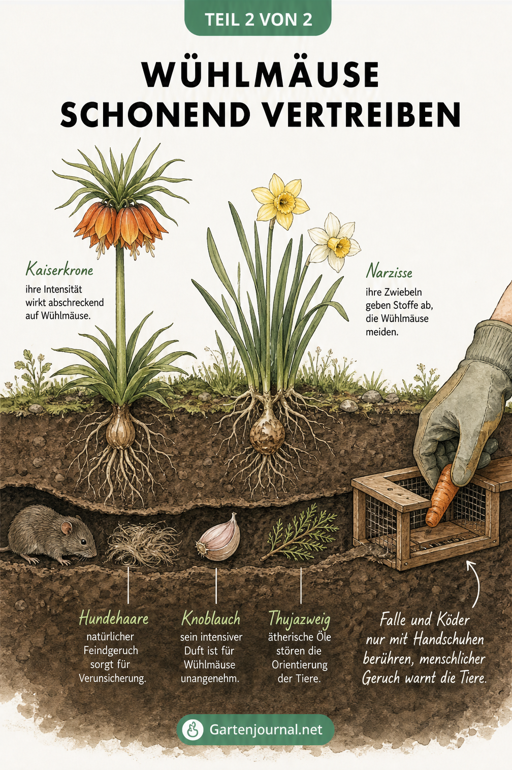 Querschnitt-Illustration eines Gartens: Oberirdisch wachsen Kaiserkrone und Narzisse, unterirdisch blockieren Hundehaare, Knoblauch und Thuja den Wühlmausgang....