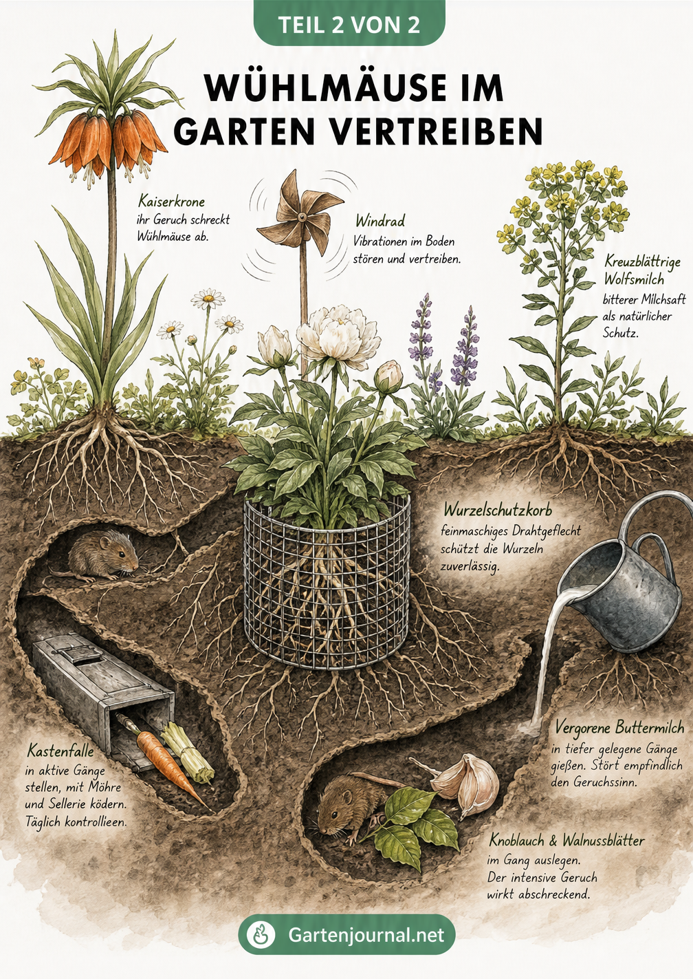 Aquarell-Zeichnung eines Gartenbeets im Querschnitt, die verschiedene Abwehrmaßnahmen gegen Wühlmäuse wie Wurzelschutzkorb, Kastenfalle, Buttermilch und...