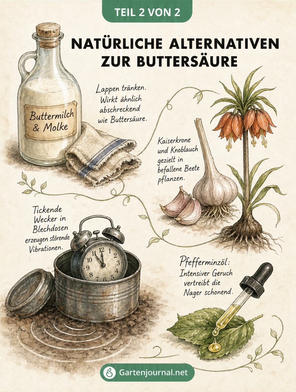 Skizzen von natürlichen Alternativen zur Buttersäure wie Buttermilch, Knoblauch, Kaiserkrone, tickende Wecker und Pfefferminzöl