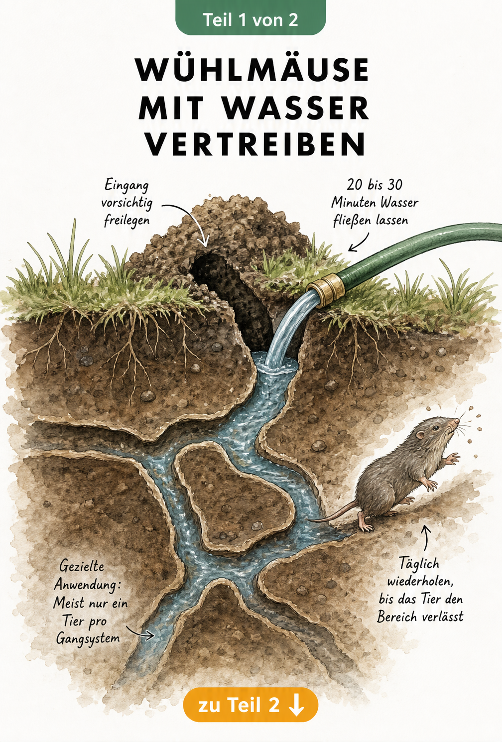 Querschnitt durch einen Gartenboden: Ein Gartenschlauch leitet Wasser in einen Wühlmausgang, während eine Wühlmaus flüchtet.