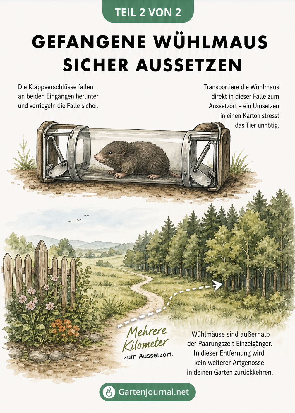 Illustration einer gefangenen Wühlmaus in einer Röhrenfalle und einer Landschaftsskizze zum Aussetzen