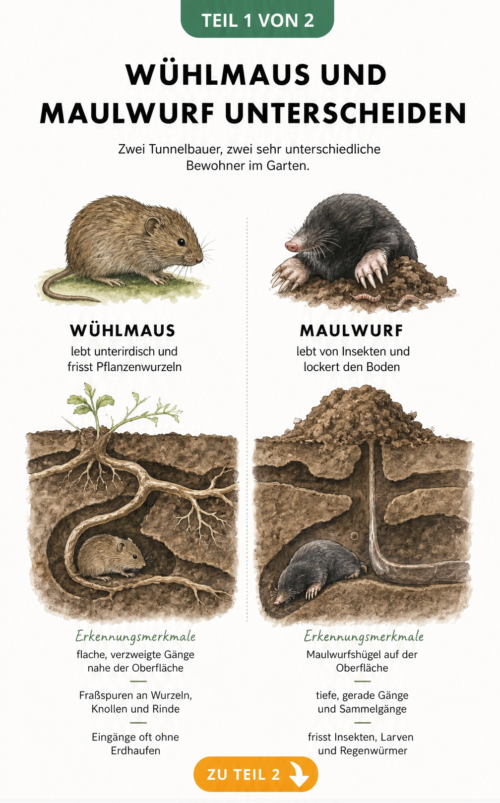 Handgezeichnete Illustration zur Unterscheidung von Wühlmaus und Maulwurf anhand von Aussehen und Hügelform