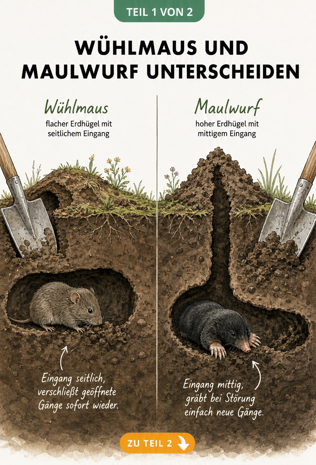 Querschnitt-Illustration des Erdbodens: Links der flache Erdhügel und seitliche Eingang der Wühlmaus, rechts der hohe Erdhügel und senkrechte Eingang des...