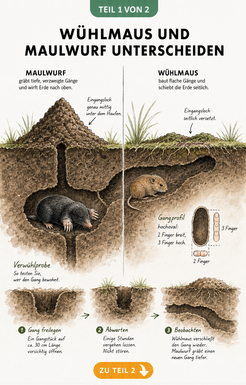 Querschnitts-Illustration des Gartenbodens, die den Unterschied zwischen Maulwurf und Wühlmaus zeigt, inklusive Hügelform, Gangprofil und Verwühlprobe.