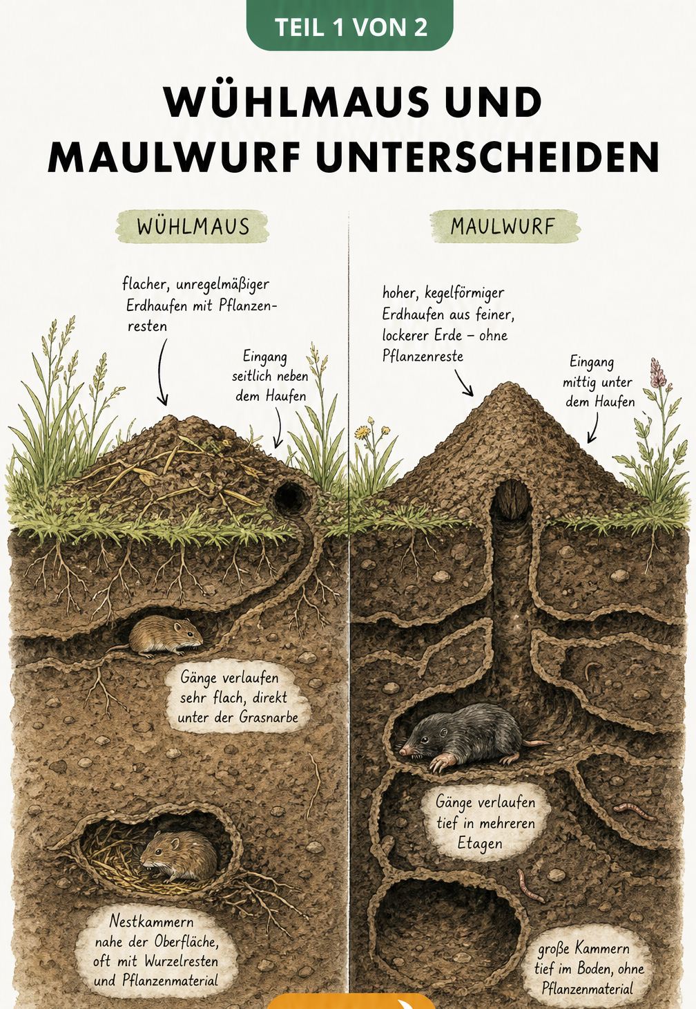 Querschnitt-Illustration des Gartenbodens mit Wühlmaus und Maulwurf, die Erdhaufen und Gangsysteme vergleicht