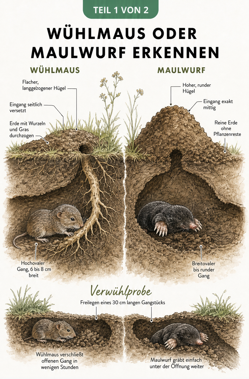 Illustration eines Erdquerschnitts, der die Unterschiede zwischen Wühlmaus- und Maulwurfshügeln sowie deren Gängen zeigt.