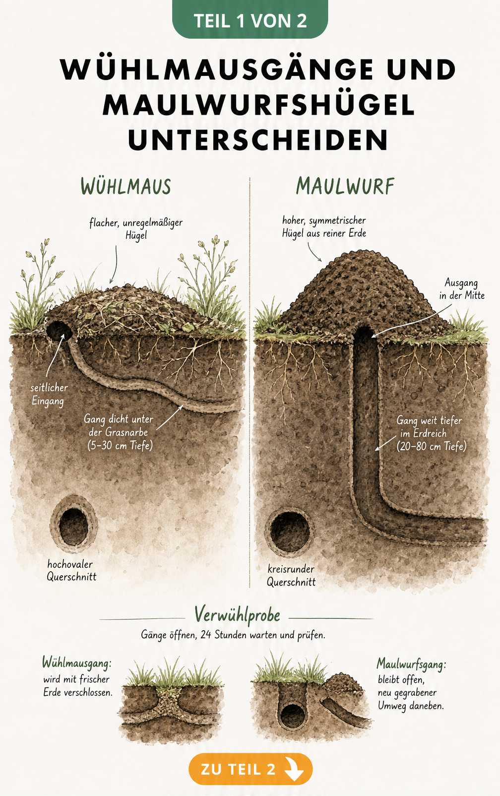 Illustration eines Erdquerschnitts, der die Unterschiede zwischen Wühlmausgängen und Maulwurfshügeln zeigt, inklusive Verwühlprobe.