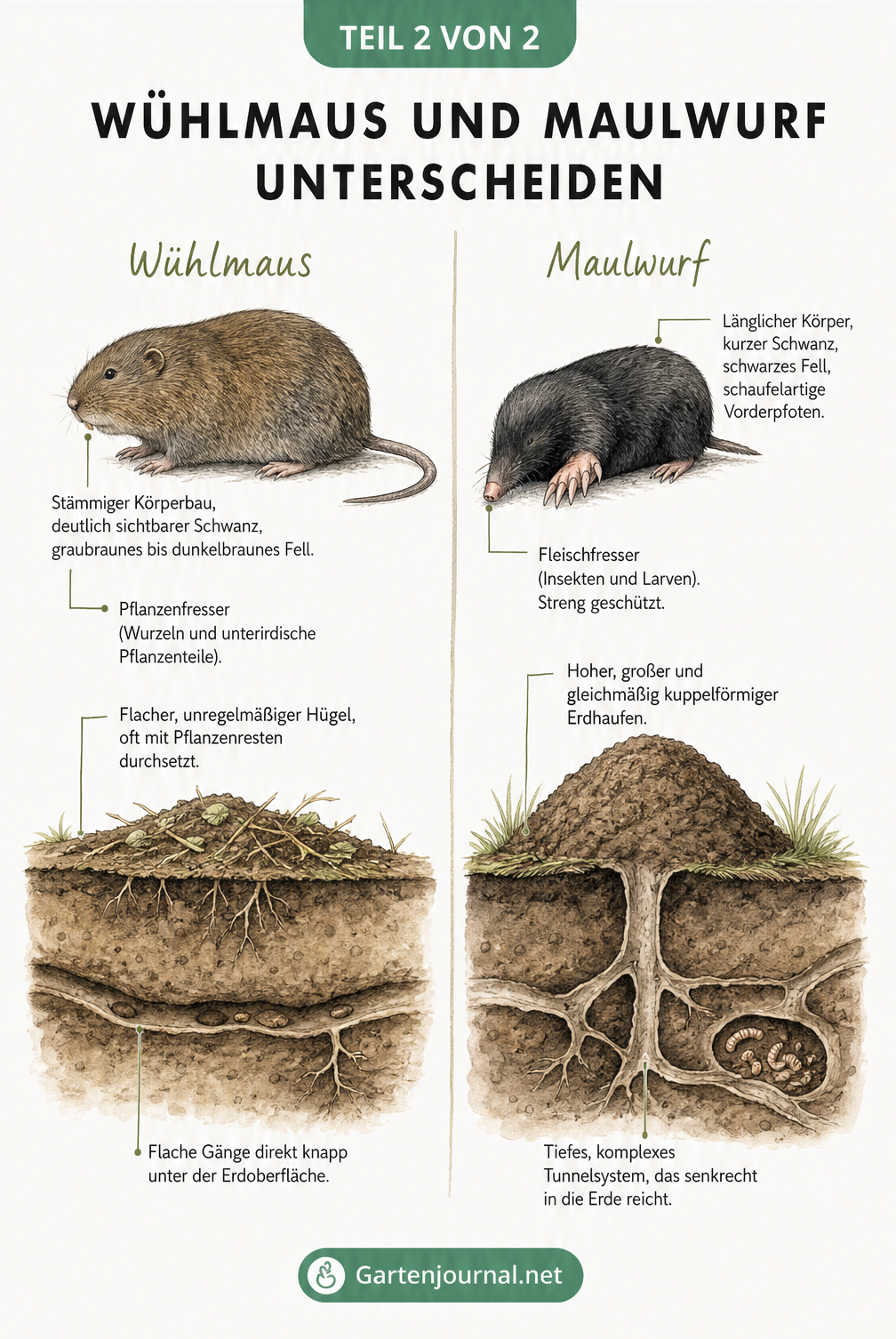 Vergleichsgrafik zwischen Wühlmaus und Maulwurf mit Tieren, Erdhügeln und Gangsystemen im Querschnitt