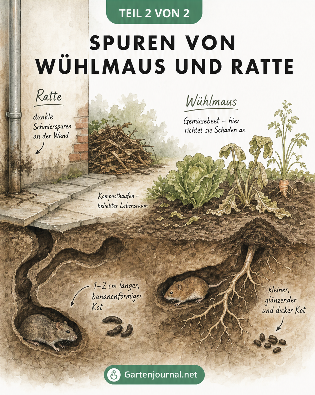 Querschnitt-Illustration eines Gartens mit Spuren von Ratten an der Hauswand und Wühlmäusen im Gemüsebeet