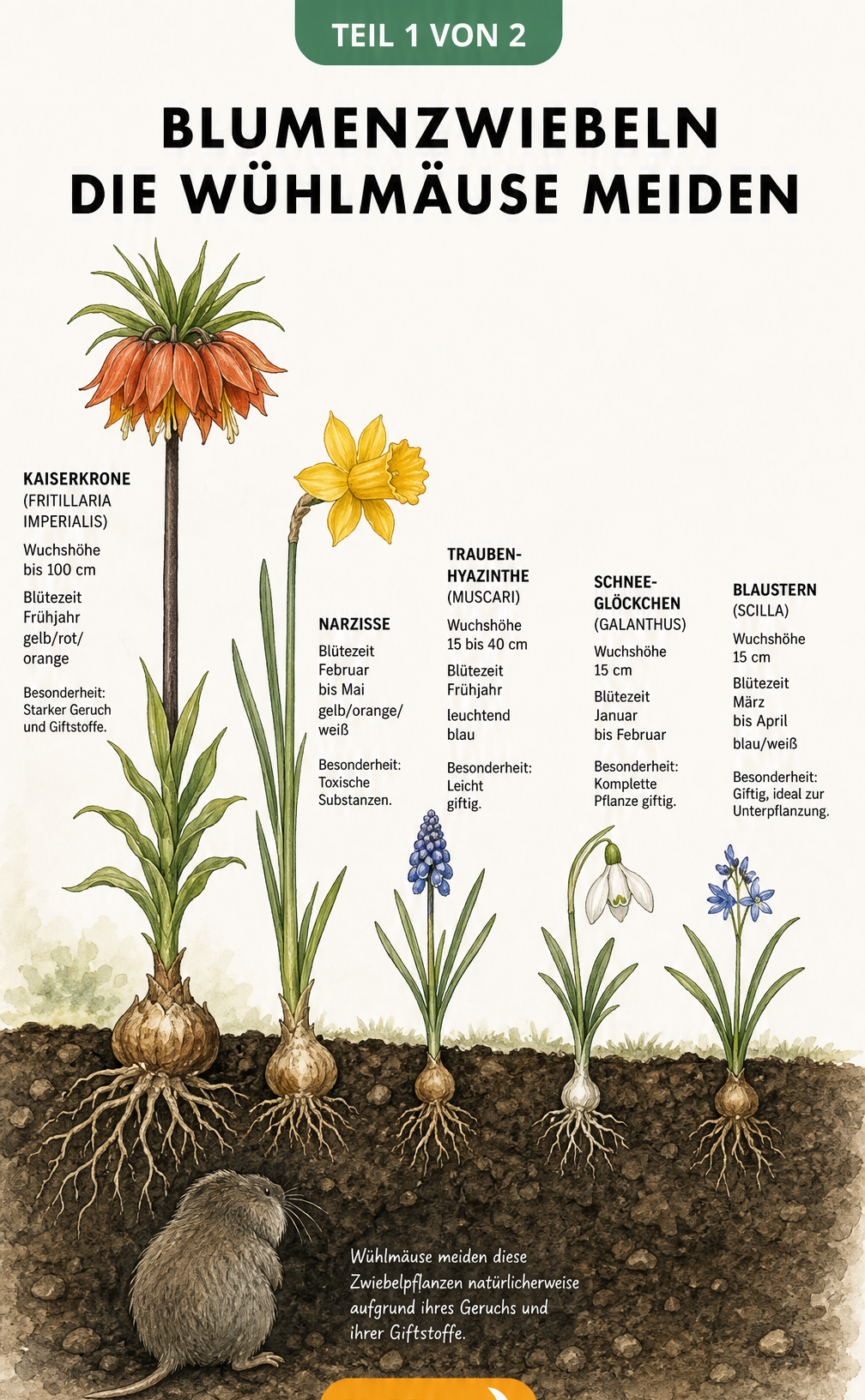 Querschnitt durch die Erde mit Blumenzwiebeln von Kaiserkrone, Narzisse, Traubenhyazinthe, Schneeglöckchen und Blaustern, die von einer Wühlmaus gemieden...