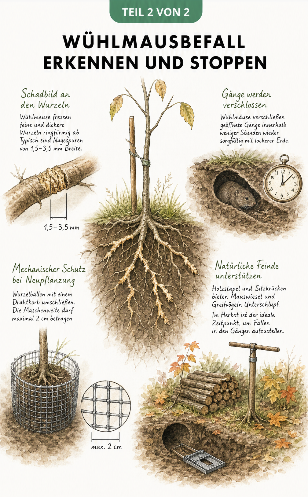 Illustration eines welkenden Obstbaums mit angefressenen Wurzeln, umgeben von Detailzeichnungen zu Wühlmaus-Schadbildern und Abwehrmaßnahmen.