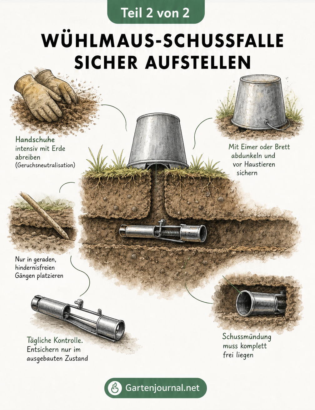 Skizze einer Wühlmaus-Schussfalle im Erdgang mit Anleitung zum Aufstellen