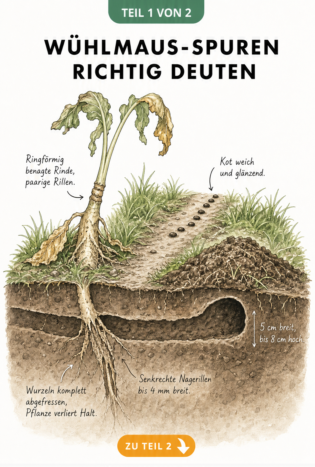 Querschnitt eines Gartenbeets mit Wühlmaus-Spuren: flacher Erdhaufen, hochovaler Tunnel und abgefressene Wurzeln an einem welkenden Setzling.