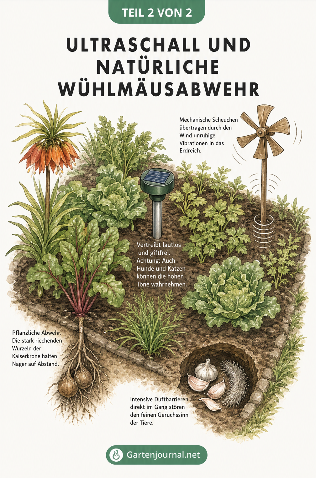 Illustration eines Gemüsebeets mit Ultraschallgerät, Kaiserkrone, Knoblauch und Windrad zur Wühlmausabwehr