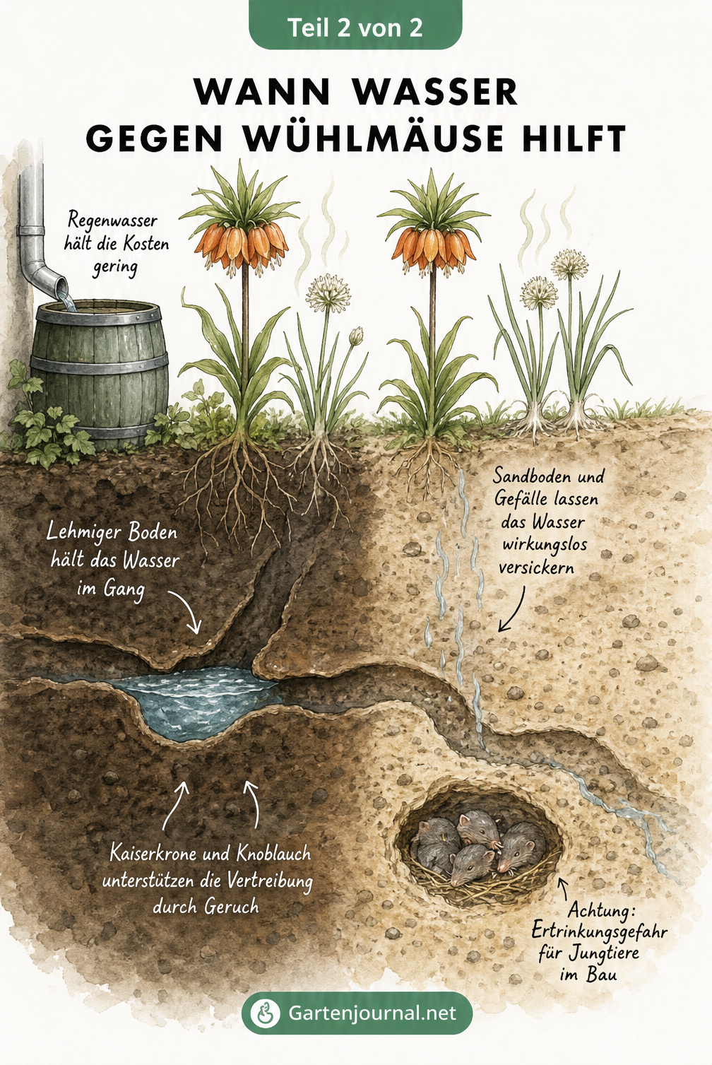 Vergleich von Lehm- und Sandboden bei der Wassermethode gegen Wühlmäuse, ergänzt durch Kaiserkrone und Knoblauch.