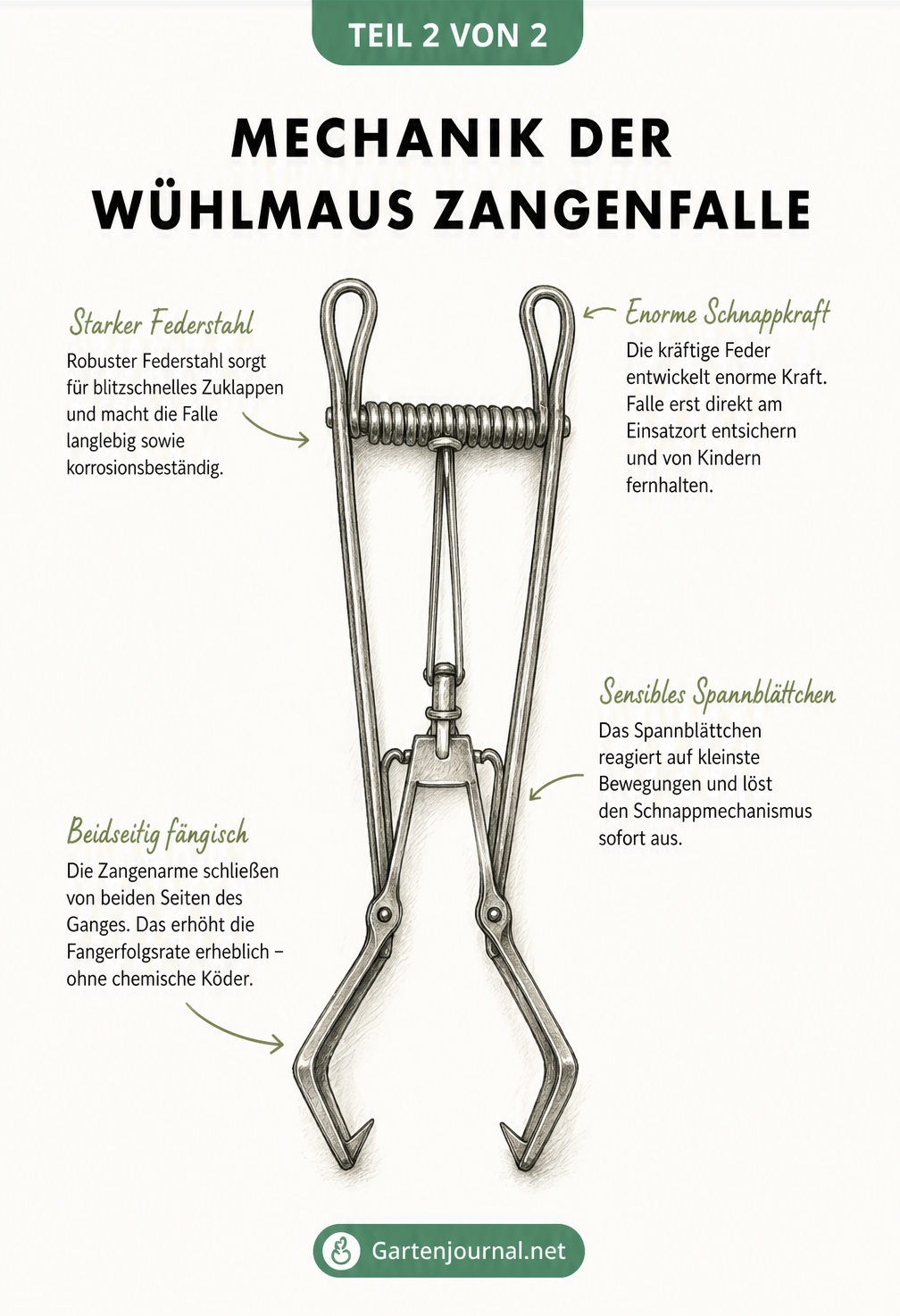 Detaillierte Zeichnung einer gespannten Wühlmaus-Zangenfalle aus verzinktem Federstahl