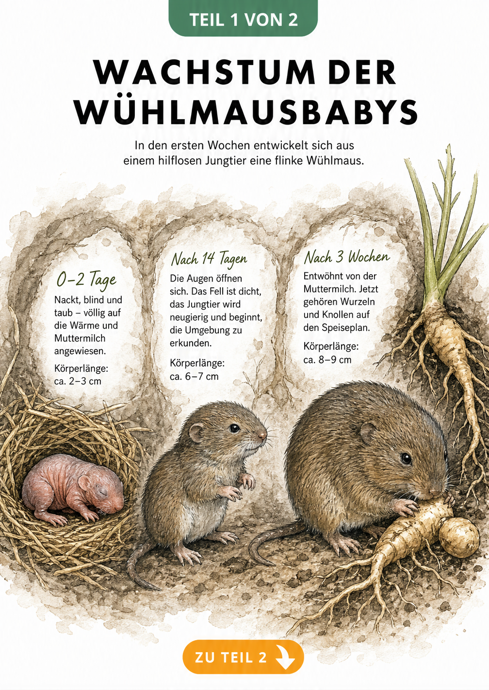 Illustration der Entwicklung eines Wühlmausbabys vom nackten Neugeborenen bis zum dreiwöchigen Jungtier mit Fell