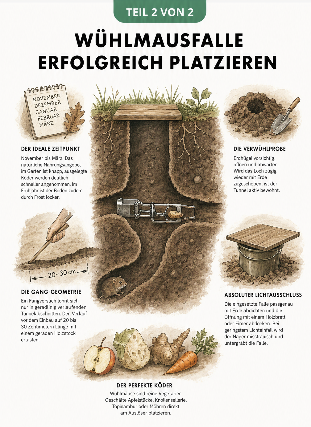 Illustration eines Wühlmausgangs im Querschnitt mit einer präzise eingebauten Falle und Details zu Köder und Vorbereitung