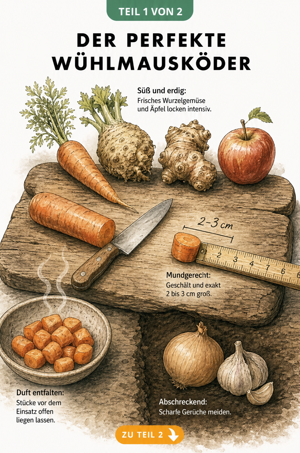 Illustration eines Holzbretts mit Möhren, Sellerie, Äpfeln und 2 bis 3 cm großen Köderstücken für Wühlmäuse.