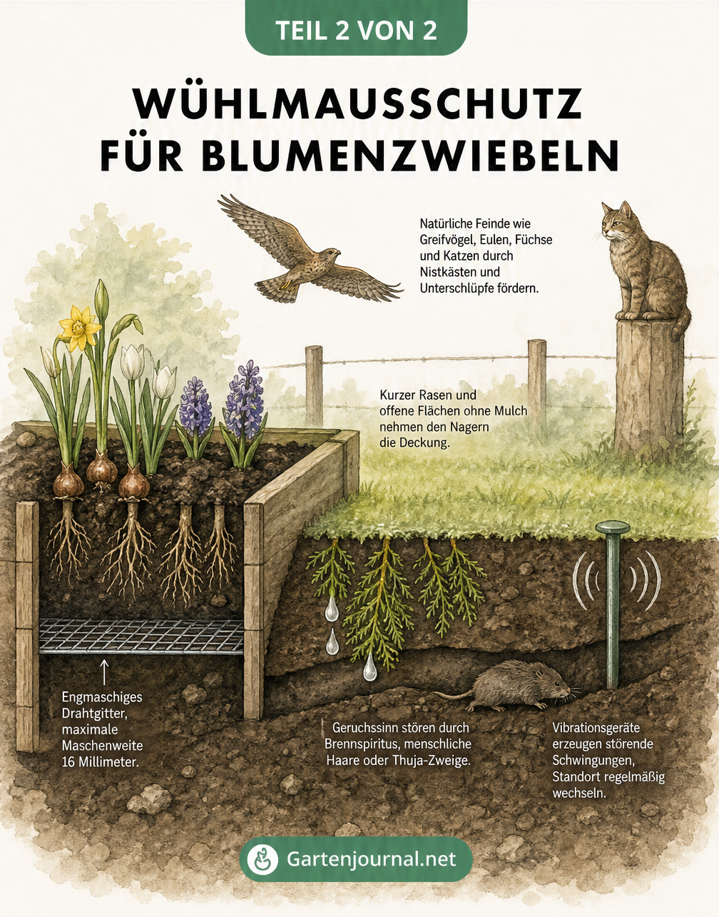 Gartenquerschnitt mit Hochbeet und Drahtgitter sowie einem flachen Beet mit Wühlmausgang, in den Thuja-Zweige ragen, und einem Vibrationsgerät.