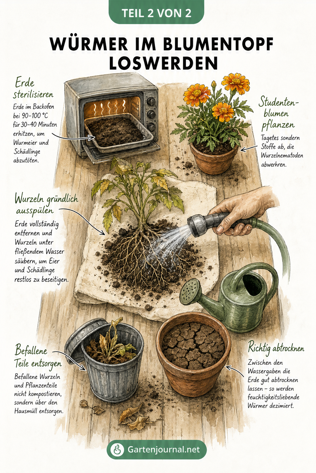 Illustration einer Pflanzwerkbank mit Arbeitsschritten zur Bekämpfung von Würmern: Wurzeln abspülen, Erde im Backofen sterilisieren, Erde abtrocknen lassen und...