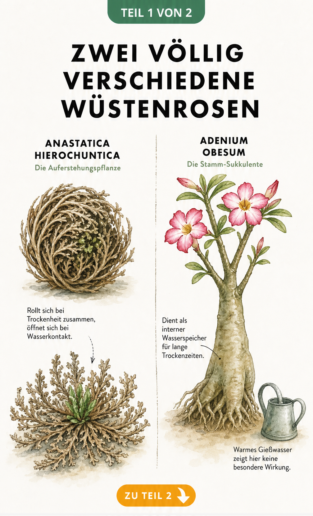 Botanische Illustration der Anastatica hierochuntica und Adenium obesum im Vergleich