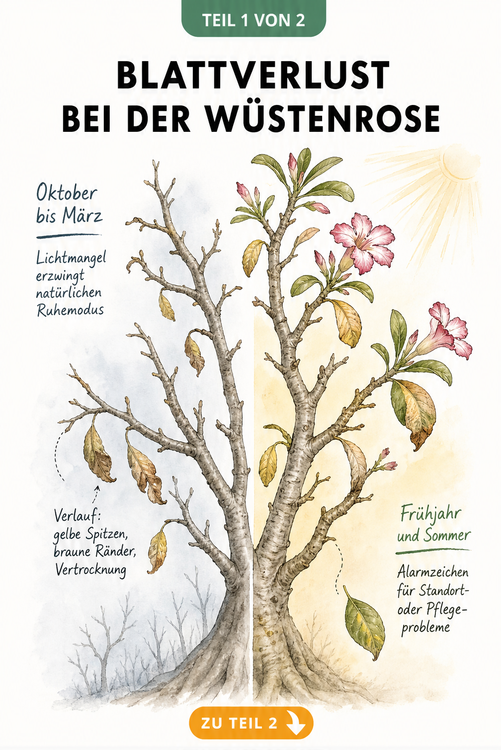 Botanische Illustration eines Wüstenrosen-Zweigs, der den natürlichen Blattverlust im Winter und gestresste Blätter im Sommer zeigt.