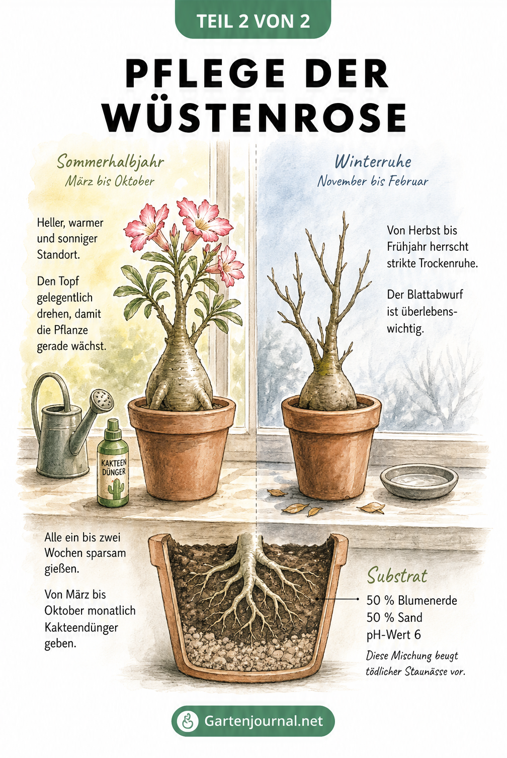 Pflege der Wüstenrose im Sommer und Winter auf der Fensterbank mit Gießkanne und Dünger