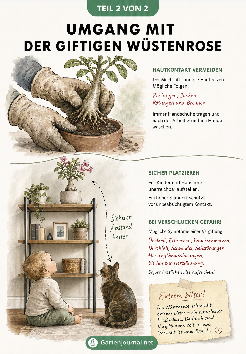 Illustration zum sicheren Umgang mit der Wüstenrose: Gartenhandschuhe beim Umtopfen und sicherer Standort außer Reichweite von Kindern und Haustieren