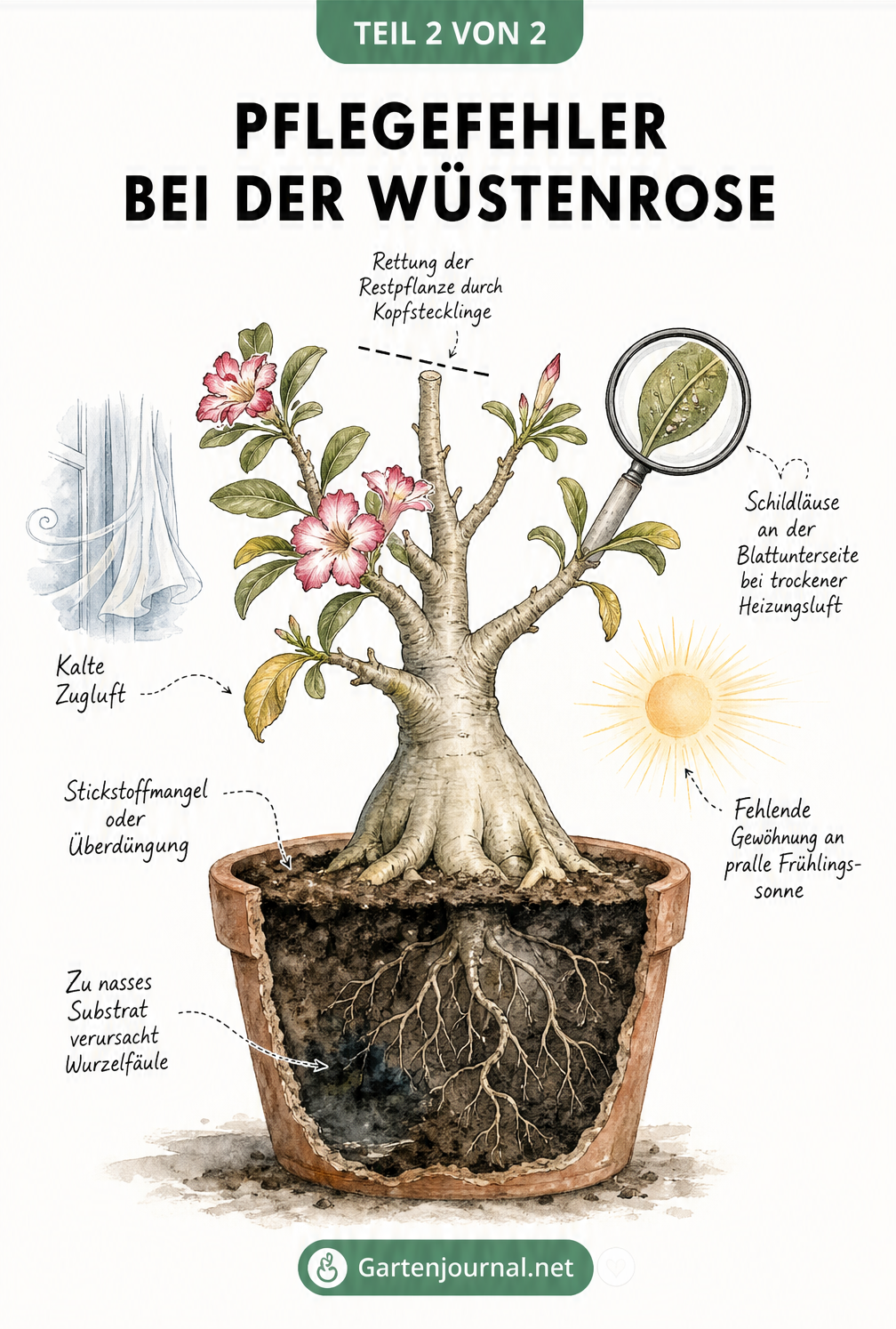 Illustration einer Wüstenrose im Topf mit Diagnosehinweisen zu Pflegefehlern wie Wurzelfäule, Überdüngung und Schildläusen.