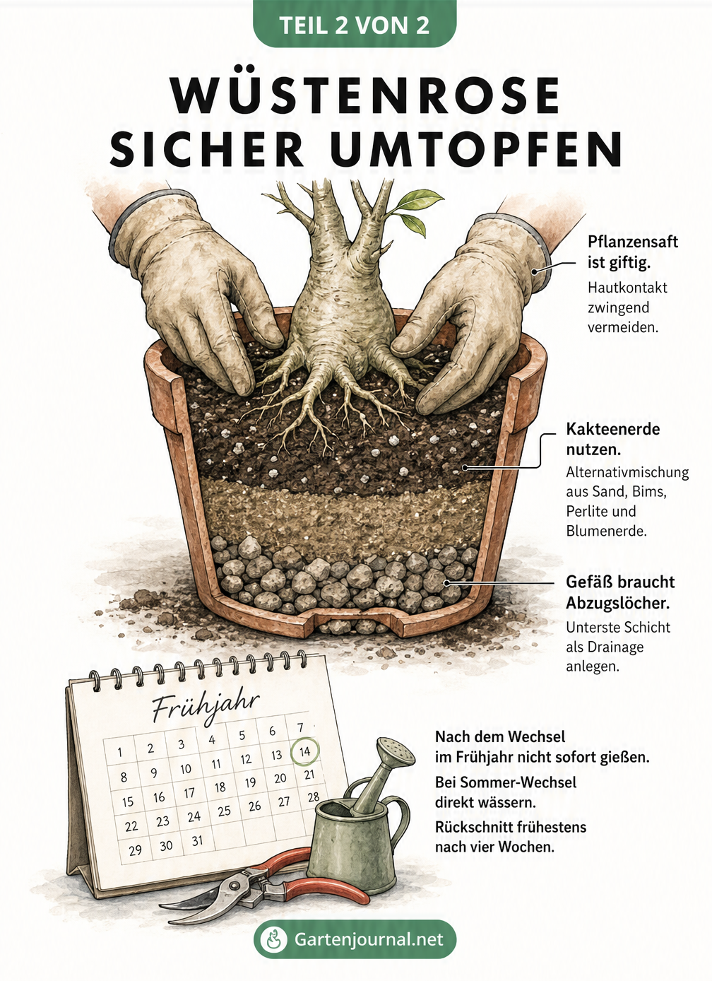 Querschnitt durch einen Pflanztopf mit Wüstenrose, der die Erdschichten, Drainage und das Einsetzen mit Handschuhen zeigt.