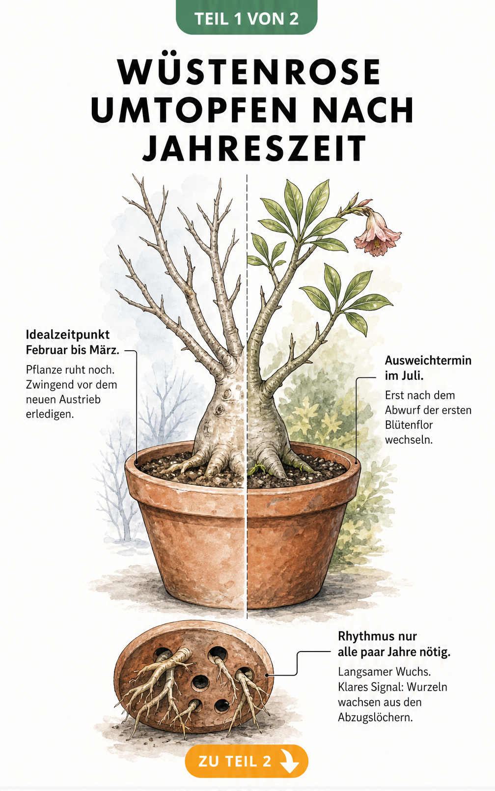 Botanische Illustration einer Wüstenrose im Topf, aufgeteilt in Winter- und Sommerhälfte, mit Hinweisen zum Umtopfen.