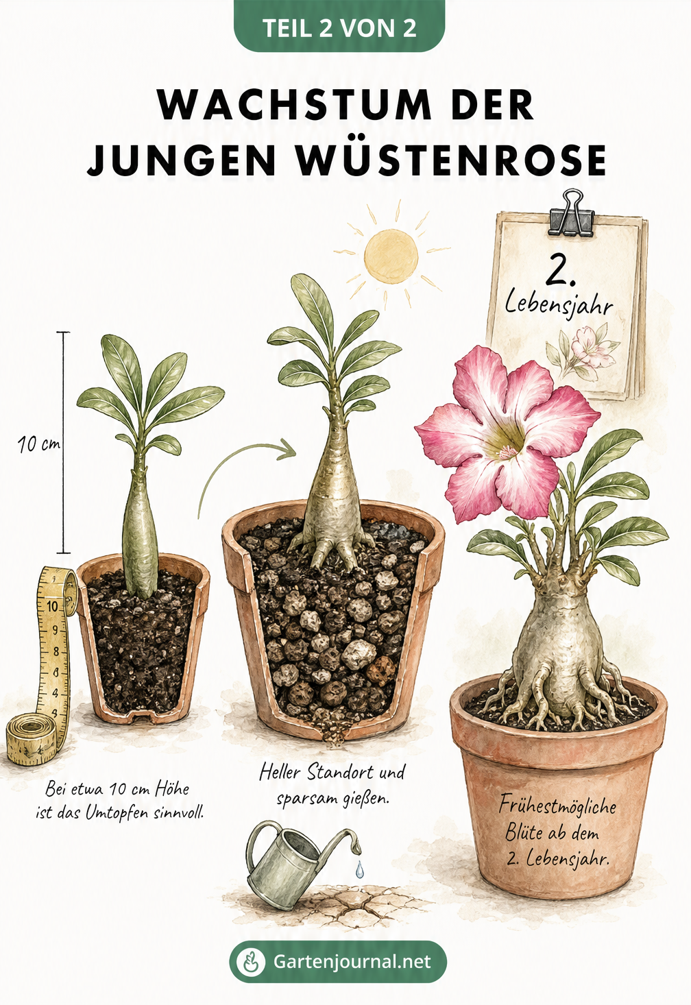 Illustration eines Wüstenrosen-Sämlings beim Umtopfen und einer blühenden Pflanze im zweiten Jahr