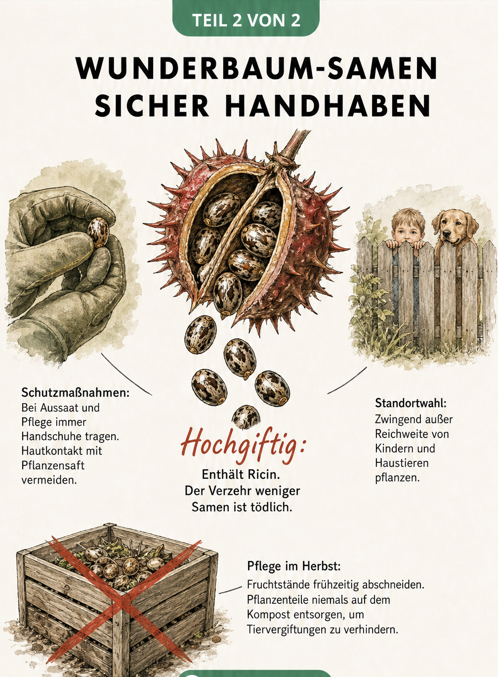 Geöffnete Fruchtkapsel des Wunderbaums mit Warnhinweisen zur Giftigkeit und sicheren Handhabung
